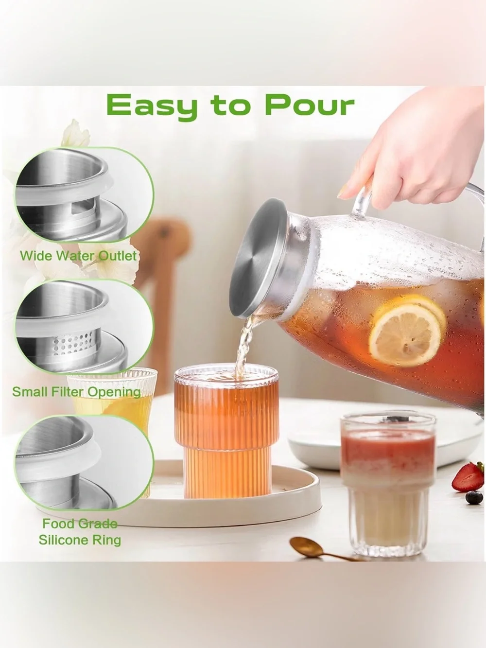 4/68 oz. Glass Pitcher with handle, lid & silicone removable base. New in Box NW